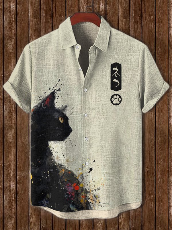 Men's Japanese Art Ink Painting Cat Print Short Sleeve Shirt