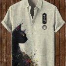 Men's Japanese Art Ink Painting Cat Print Short Sleeve Shirt