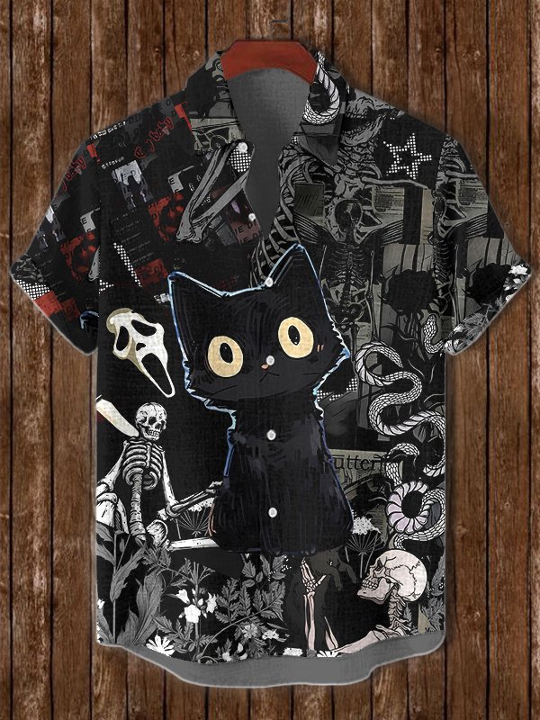 Men's Halloween Ghost Black Cat Skull All Over Print Casual Shirt