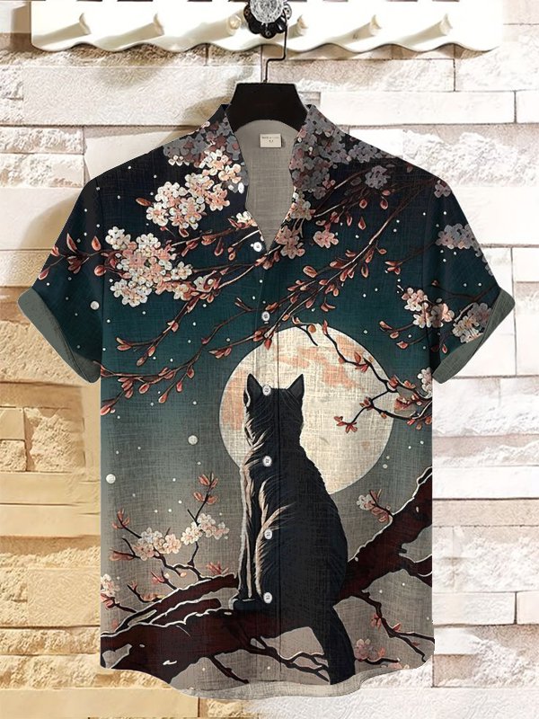 Men's Full Moon Cat Cherry Blossoms Japanese Art Print Shirt
