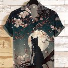 Men's Full Moon Cat Cherry Blossoms Japanese Art Print Shirt