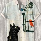Men's Black Cat Looking At The Birdcage Art Print Short Sleeve Shirt