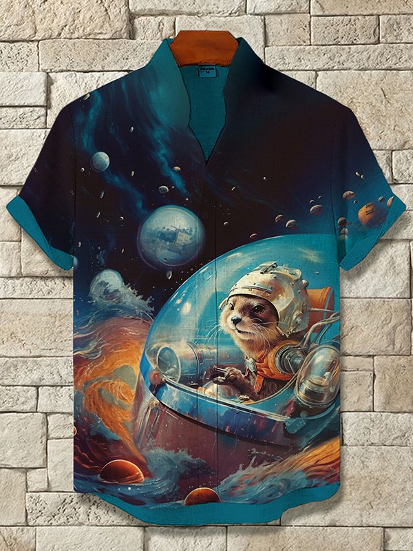 Men's Otter Spaceship Pilot Art Print Casual Shirt