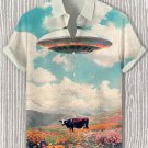 Men's Cow Spotted by UFO in Flower Field Print Casual Shirt