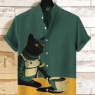 Men's Retro Black Cat Astronaut And Coffee Art Print Casual Shirt
