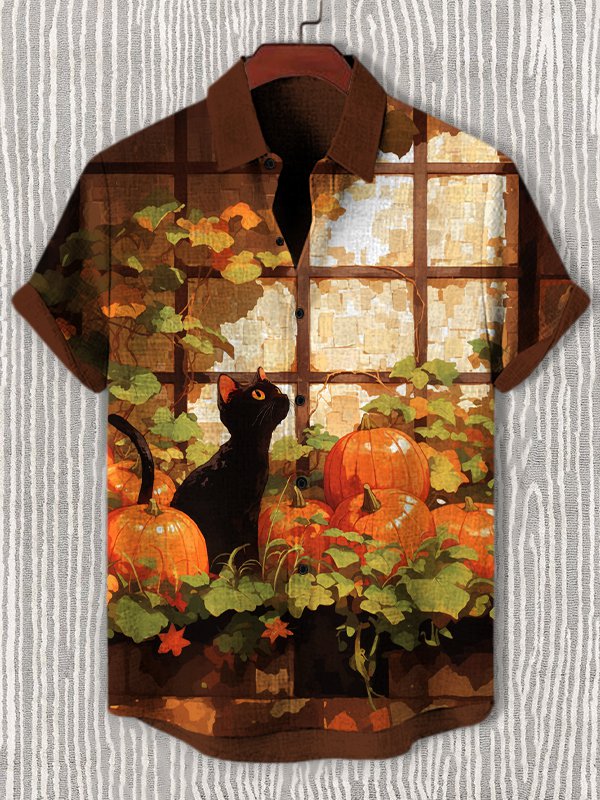Men's Black Cat By The Window Art Print Casual Shirt