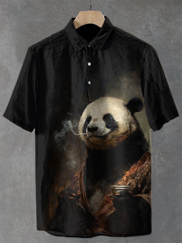 Men's Fun Panda Smoking Art Print Casual Shirt