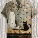 Men's Ghost And Black Cat Coffee Time Art Print Shirt