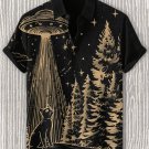Men's Cat Encounters Alien Spaceship Retro Fantasy Art Print Shirt