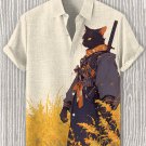 Men's Mysterious Kimono Cat Samurai In Golden Fields Art Print Casual Shirt