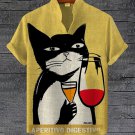 Men's Bicolor Cat Drinking Cocktail Art Print Linen Blend Shirt