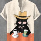 Men's Chilling Cat Cowboy Coffee Print Linen Blend Shirt