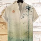 Men's Japanese Mountain Sunrise Painting Print Linen Blend Shirt