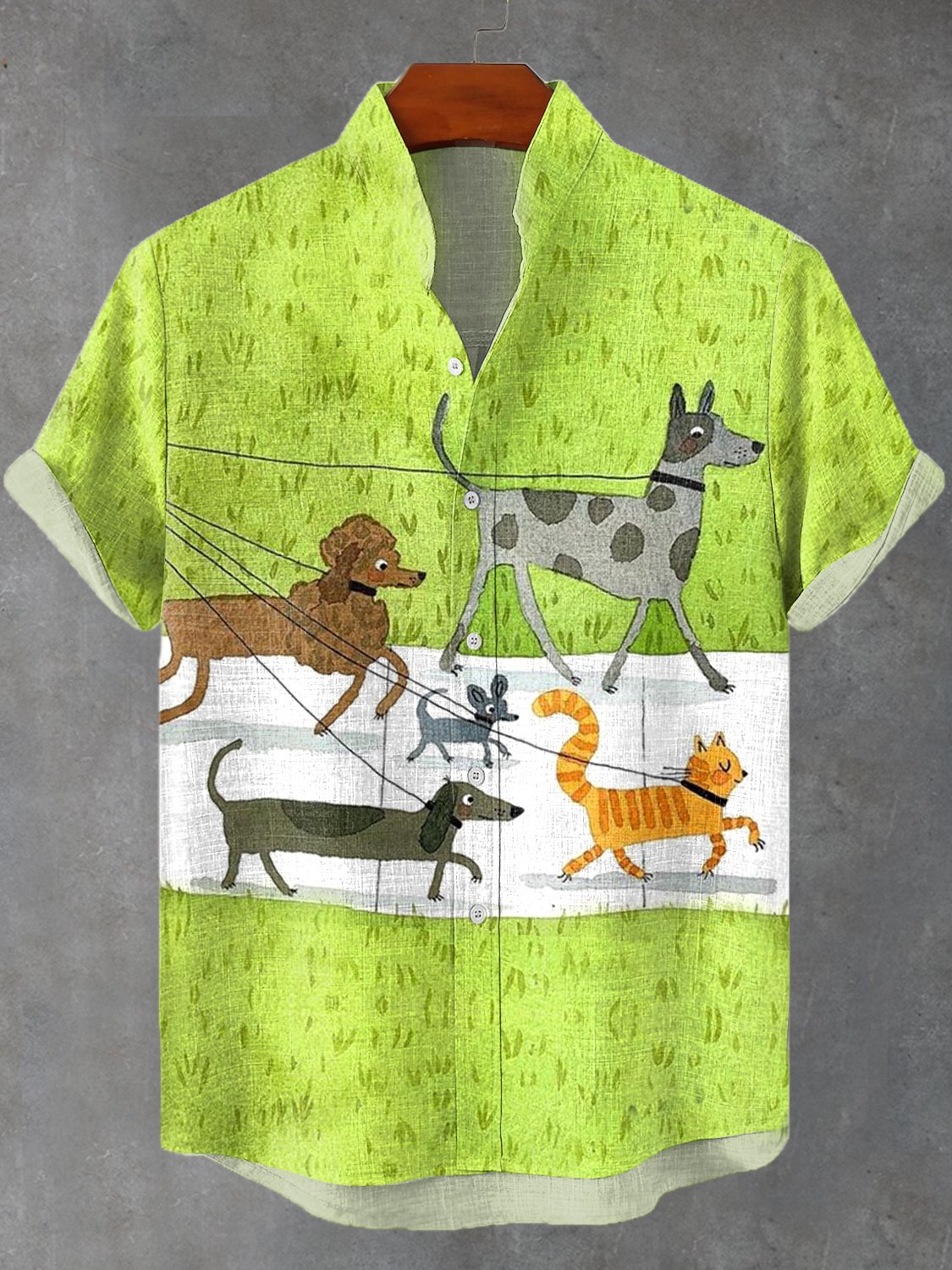 Men's Cute Walking Dog Natural Watercolor Art Print Linen Blend Casual Shirt
