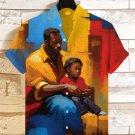 Men's Warm Father And Son Color Block Oil Painting Art Print Short Sleeve Linen Blend Shirt