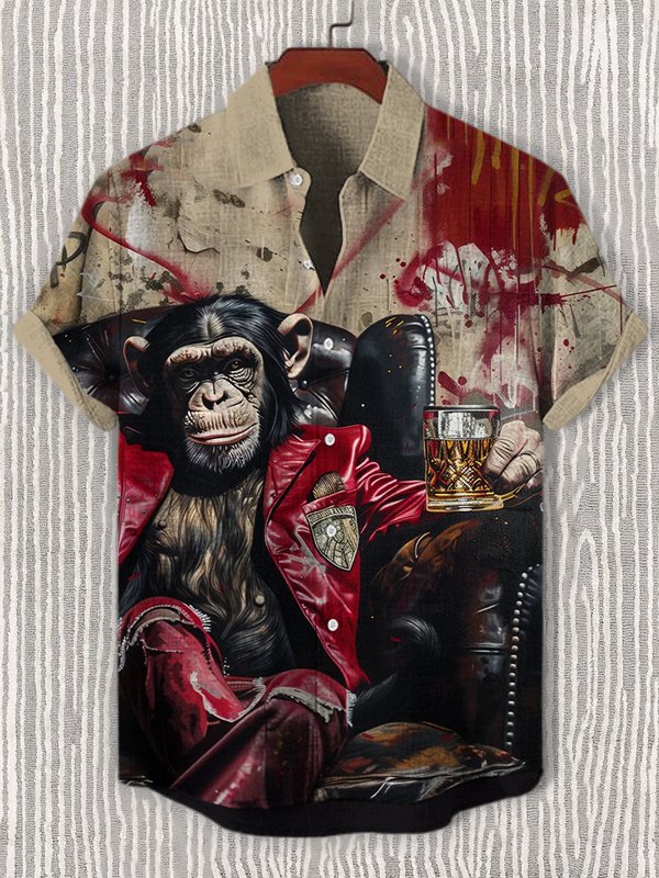 Men's Monkey In Leather Jacket Drinking Whiskey Art Print Casual Shirt