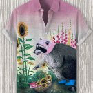 Men's Flower Picking Raccoon Art Print Casual Shirt