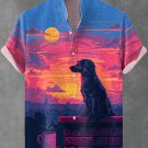 Men's Sunset Lazy Coffee Dachshund Vaporwave Art Print Short Sleeve Linen Blend Shirt