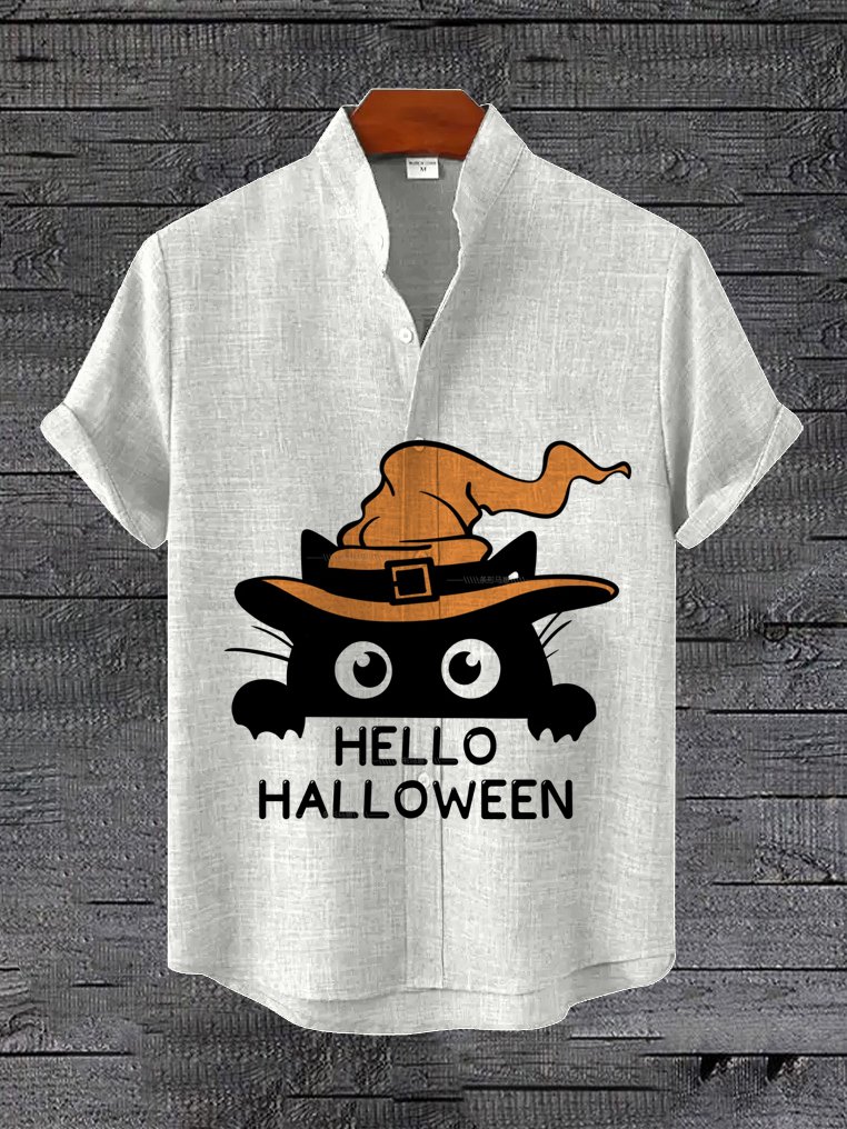 Men's Cat Witch Hat Hello Halloween Print Shirt