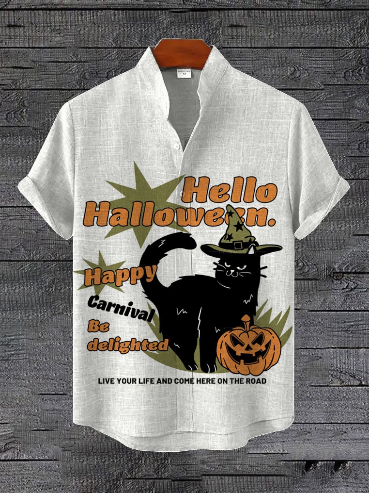 Men's Happy Carnival Be Delighted Cat Pumpkin Hello Halloween Print Shirt