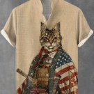Men's Retro American Flag Cat Warrior Art Short Sleeve Linen Blend Shirt
