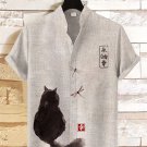 Men's Black Cat Japanese Art Print Linen Blend Shirt