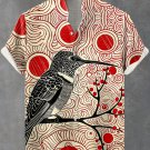 Men's Geometric Totem Hummingbird Linoleum Print Linen Blend Shirt