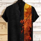 Men's Retro Cherry Blossoms And Cranes Art Printed Linen Blend Shirt
