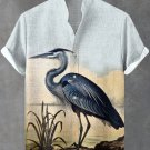 Men's Retro Blue Heron Print Casual Linen Blend Shirt
