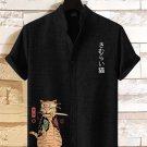 Men's Japanese Sushi Samurai Cat Print Casual Linen Blend Shirt