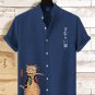 Men's Japanese Sushi Samurai Cat Print Casual Linen Blend Shirt