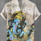 Men's Retro Mystical Ganesh Art Print Short Sleeve Linen Blend Shirt