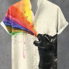 Men's Black Cat Love And Peace Rainbow Splash Ink Print Linen Blend Shirt