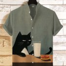 Men's Cat Milk And Donut Print Linen Blend Shirt