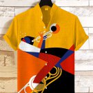 Men's Retro Color Block Splicing Art Trumpeter Abstract Print Short Sleeve Linen Blend Shirt