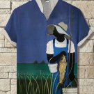 Men's Black Fisherman Field Art Print Linen Blend Shirt