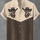 Men's Western Contrast Color Chihuahua Cowboy Print Linen Blend Shirt