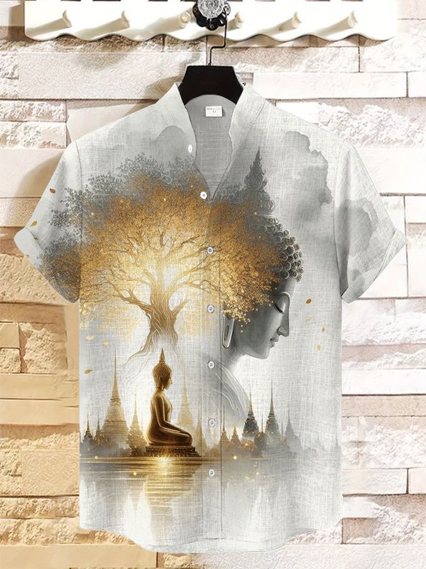 &nbsp;Men's Buddha's Light Print Short Sleeve Linen Blend Shirt
