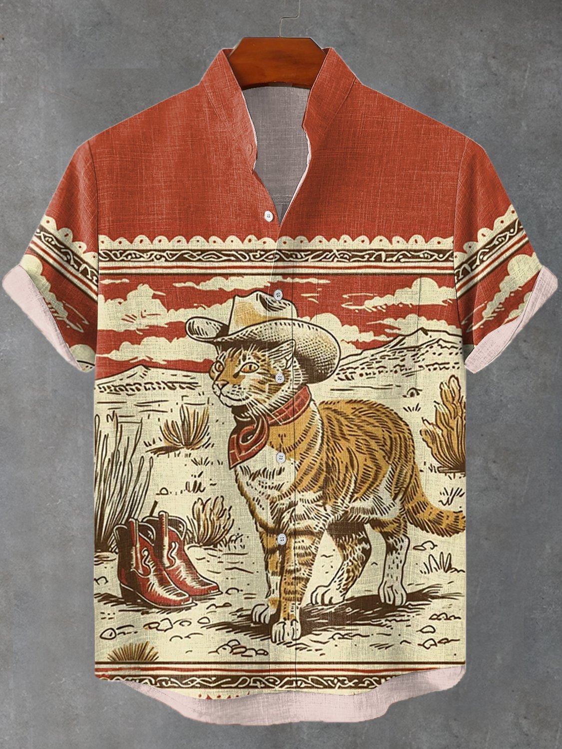 Men's Retro Western Desert Cat Cowboy Print Linen Blend Shirt