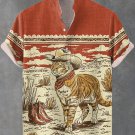 Men's Retro Western Desert Cat Cowboy Print Linen Blend Shirt