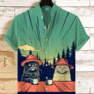 Men's Cats Chilling In Nature With Coffee Print Linen Blend Shirt