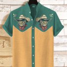 Men's Western Cowcat Art Print Casual Linen Blend Shirt