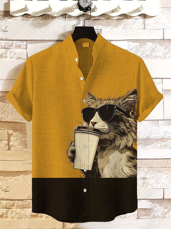 Men's Hipster Cat Coffee Art Print Linen Blend Shirt