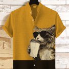 Men's Hipster Cat Coffee Art Print Linen Blend Shirt