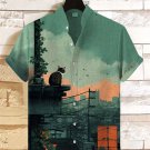 Men's Rainy Day Scenery Cat Back View Print Linen Blend Shirt