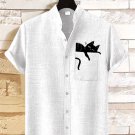 Men's Cat Lying On Pocket Art Print Linen Blend Shirt