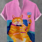 Men's Lazy Cheers Drinking Cat Oil Painting Print Pocket Linen Blend Shirt