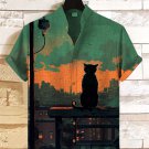 Men's Sunset Landscape Cat Back View Art Print Linen Blend Casual Shirt