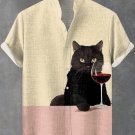 Men's Chilling Black Cat Wine Contrast Color Linen Blend Shirt