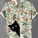 Men's Funny Boho Flowers Black Cat Art Print Linen Blend Shirt